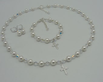 First Holy Communion Necklace Bracelet and Earring Set,  Swarovski Pearl and Crystal Communion Set, Sterling Silver Cross