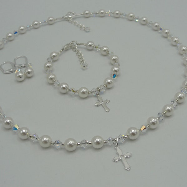 First Holy Communion Necklace Bracelet and Earring Set,  Swarovski Pearl and Crystal Communion Set, Sterling Silver Cross