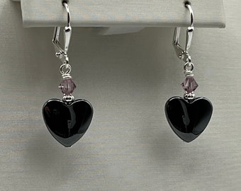 Heart Earrings, Silver Heart Earrings, Lever Back Hearts, Hematite Heart Earrings, Valentine Earrings