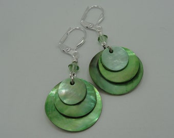 Green Lever Back Dangle Earrings, Light Green Lever Back Earrings, Round Green Earrings, Shell Earrings, Green Lever Back earrings