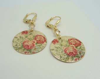 Floral Dangle Lever Back Earrings, Gold Floral Lever Back Drops, Round Gold Dangle Earrings, Floral Earrings