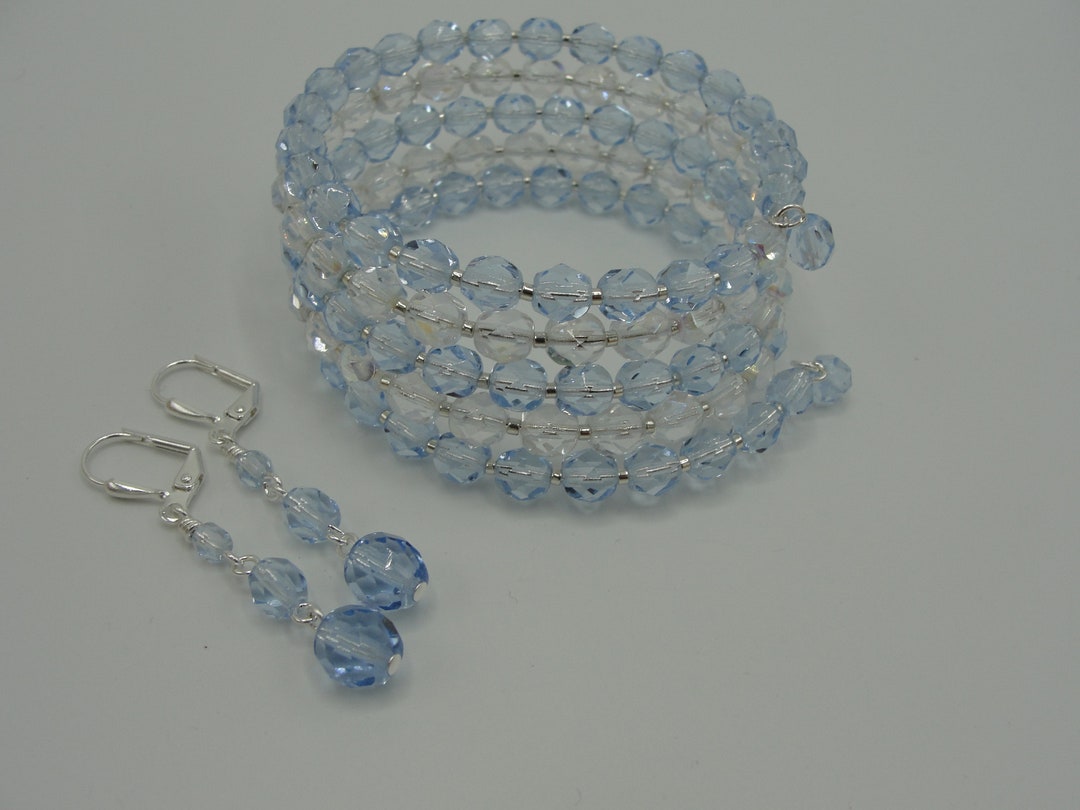 Light Blue Crystal Wrap Bracelet and Earring Set, Blue Crystal Earring