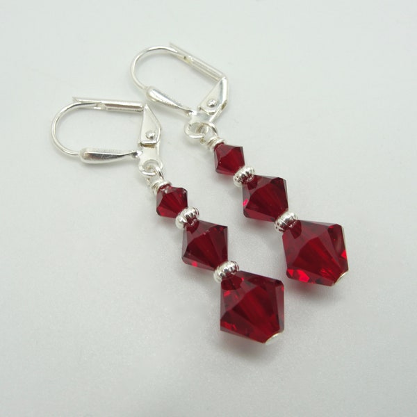 Red Swarovski Crystal Dangle Earrings, Red Crystal Lever Back Earrings, Red and Silver Drop Earrings