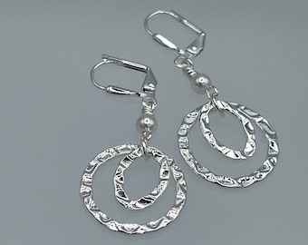 Small Silver Hammered Hoops, Round Silver Drop Earrings, Small Silver Dangle Earrings