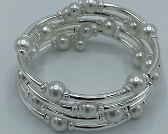 White Pearl and Silver Wrap Bracelets, Wedding Jewelry, Pearl Bracelets