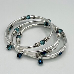 Teal Bracelet Set, Silver Bangle Bracelets, Teal Crystal and Silver Bangle Bracelet Set, Stacking Silver Bracelets