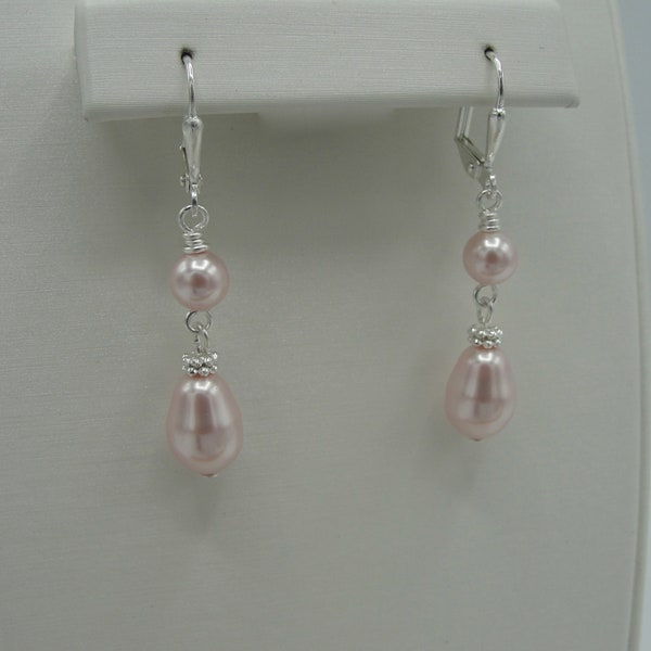 Light Pink Tear Drop Swarovski Pearl Earrings, Pink Swarovski Pearl Lever Back Earrings, Light Pink Pearl Earrings