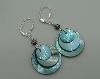 Blue Shell Dangle Earrings, Sterling Silver Plated Lever Back