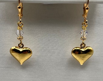 Gold Heart Earrings, Gold Puffed Heart Drop Earrings, Gold Lever Back Heart Earrings, Gold Puffed Heart Earrings