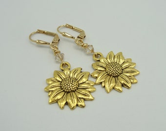 Sunflower Earrings, Gold Sunflower Lever Back Earrings,  Gold Sunflower Dangle Earrings