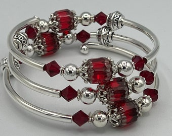 Red Wrap Bracelet, Red and Silver Bracelet, Red Crystal Bracelet, Red Crystal Wrap Bracelet