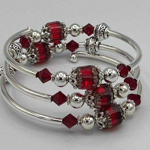 Red Wrap Bracelet, Red and Silver Bracelet, Red Crystal Bracelet, Red Crystal Wrap Bracelet