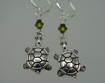 Turtle Dangle Earrings, Lever Back Turtle Earrings, Silver Turtle Earrings