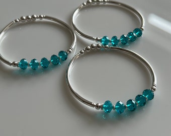 Teal Crystal Bracelet, Silver Bangle Bracelet, Teal Austrian Crystal Bangle Bracelet, Bridesmaid Bracelet, Silver Elastic Bracelet