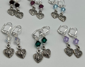 Birthstone Earrings, Heart Earrings, Birthstone Heart Drop Earrings, Crystal Birthstone Earrings, Silver Heart Lever Back, Pewter Heart Drop