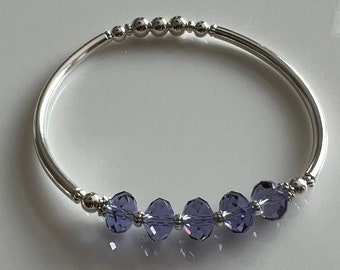 Purple Crystal and Silver Bracelet, Purple Crystal Bracelet, Silver Bangle, Purple Elastic Bracelet