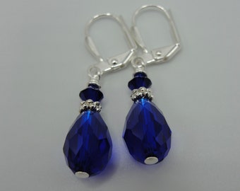 Cobalt Blue Crystal Teardrop Lever Back Dangle Earrings, Royal Blue Earrings, Sapphire Blue Dangle Earrings