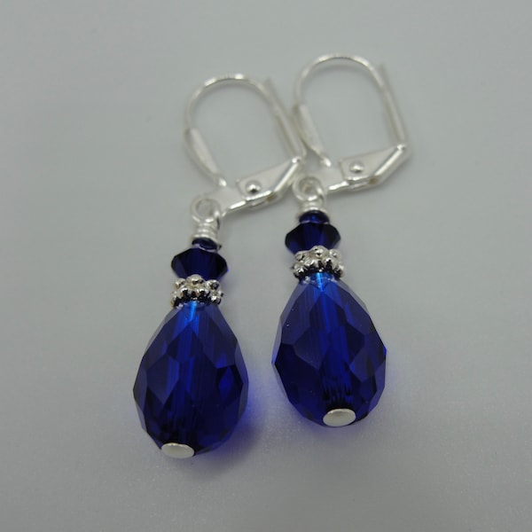 Cobalt Blue Crystal Teardrop Lever Back Dangle Earrings, Royal Blue Earrings, Sapphire Blue Dangle Earrings