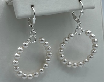 Pearl Hoops, Swarovski Pearl Earrings, Lever Back Earrings, Small Pearl Hoop Earrings, Wedding Earrings, White Pearl Earrings