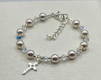 Communion Bracelet, Confirmation Bracelet, Religious Bracelet, Pearl and Crystal Religious Bracelet