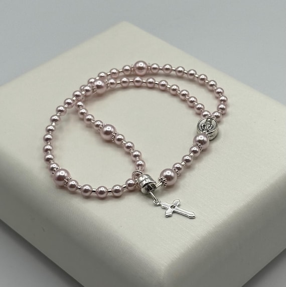 Pink Pearl Rosary Bracelet, Rosary Bracelet, Pink Rosary Bracelet, Magnetic Clasp Rosary Bracelet,  Catholic Gift, Religious Gift