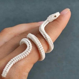 Könnte beinhalten: Ein weißer, perlenbesetzter Schlangenring, der sich um einen Finger windet. Der Ring hat ein detailliertes Design mit einem Schlangenkopf und einem gewundenen Körper. Das Auge der Schlange ist eine kleine, goldfarbene Perle. Der Hintergrund ist einfarbig und gedämpft teal.