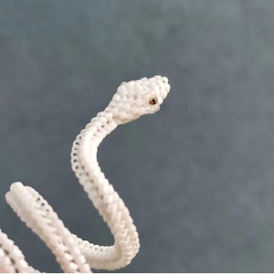 Puede incluir: Una serpiente blanca hecha a mano con cuentas y un dise&ntilde;o detallado. La cabeza de la serpiente est&aacute; enfocada, con un peque&ntilde;o ojo marr&oacute;n. El cuerpo se curva con gracia, mostrando el intrincado trabajo de cuentas. El fondo es gris liso y apagado.