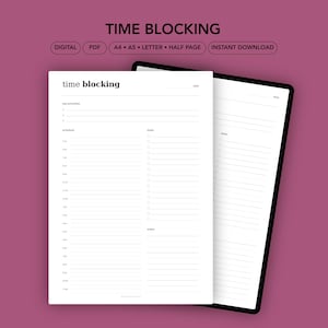 Könnte beinhalten: Ein digitaler Zeitplaner mit dem Titel "TIME BLOCKING" oben. Der Planer enthält Abschnitte für oberste Prioritäten, Zeitplan, Aufgaben und Notizen. Das Design ist minimalistisch mit weißem Hintergrund und schwarzem Text.