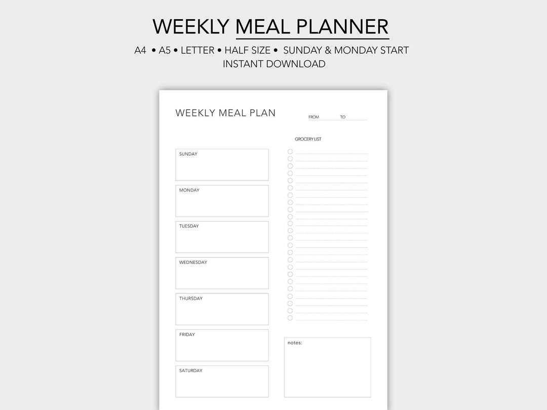 Weekly Meal Planner: Printable With Shopping List, 7 Day Menu Planner ...