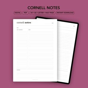 May include: Digital Cornell Notes template with a white background and black text. The template includes sections for topic, cues/questions, notes, and summary. The top of the page reads "Cornell Notes". The image also includes a digital tablet.
