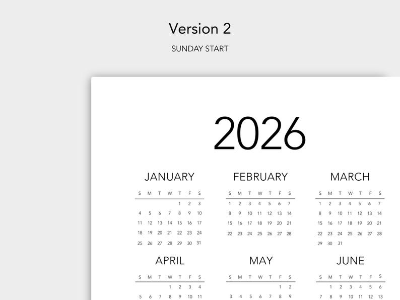 2026 Year At-a-glance Calendar: Minimalist Printable (PDF Download) - Etsy