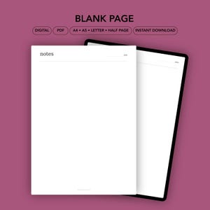 May include: Two white blank pages with the word "notes" at the top left. The pages are on a dark background with the words "BLANK PAGE" at the top. Additional text includes "DIGITAL", "PDF", "A4 • A5 • LETTER • HALF PAGE", and "INSTANT DOWNLOAD".
