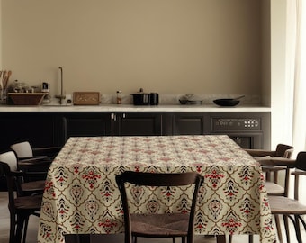 Mantel floral beige, mantel botánico rojo, mantel estilo cottagecore vintage, mantel rústico de granja
