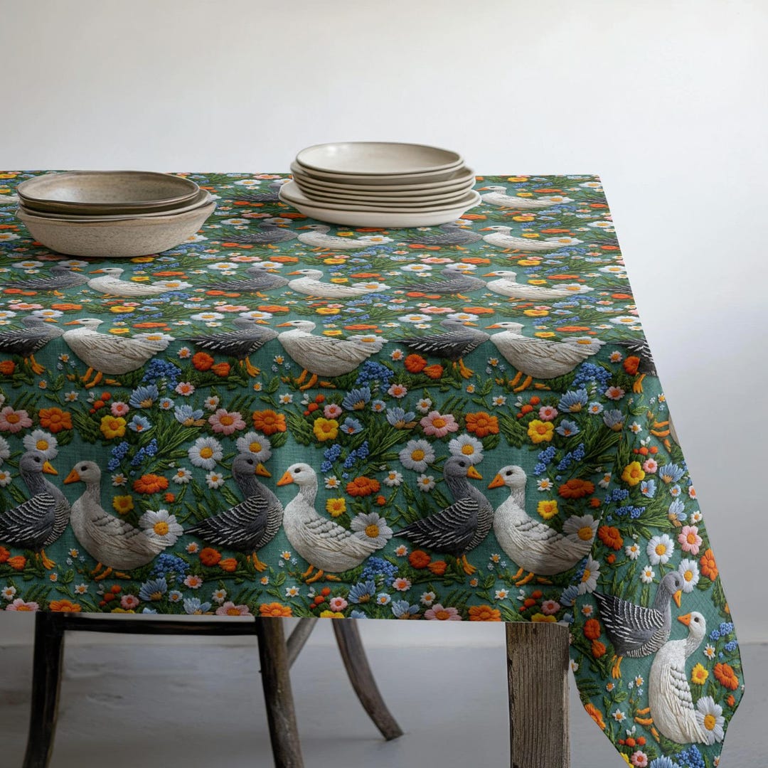 Green Floral Goose Tablecloth, Cottagecore Tablecloth, Bird Pattern ...