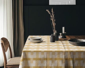 Mustard Yellow White Checkered Tablecloth, Modern Geometric Table Cover, Color Block Rectangle Table Linen, Retro Mid Century Dining Decor
