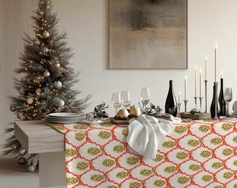 Red Green White Christmas Tablecloth, Festive Holiday Table Cover, Modern Winter Dining Table Linen