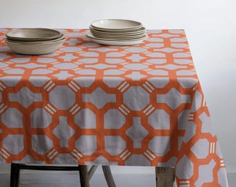 Orange Gray Geometric Tablecloth, Retro Modern Table Cover, Bold Abstract Pattern Table Linen, Mid Century Dining Decor