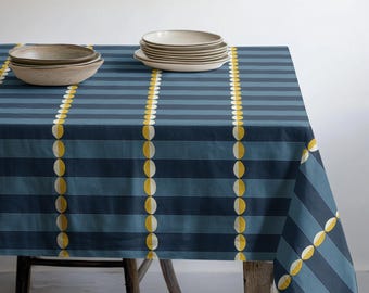 Blue Yellow Geometric Striped Tablecloth, Modern Dining Tablecloth, Retro Table Cover, Contemporary Table Linen, Bold Pattern Kitchen Decor