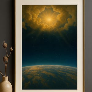 May include: Framed art print depicting a celestial scene. A bright sun bursts through golden clouds, illuminating a dark blue starry sky above a planet's horizon. The artwork is in a gold frame, displayed on a wooden surface.