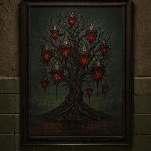 May include: A framed painting shows a dark tree with glowing red gem-like fruits, set against a murky landscape. The artwork hangs above a vintage, stained porcelain sink with tarnished fixtures, creating a gothic, eerie atmosphere.
