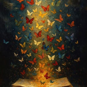 Puede incluir: Una pintura artística de un libro abierto del que emergen numerosas mariposas de colores. Las mariposas, en tonos rojos, amarillos, azules y blancos, ascienden sobre un fondo oscuro y texturizado, creando una escena mágica.