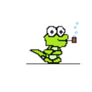 May include: Pixelated green alligator cartoon smoking a pipe, with large, expressive eyes. The alligator is in a side profile, with a brown pipe in its mouth and blue smoke rising above. The alligator is standing on a thin black line.