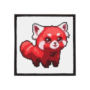 May include: A pixelated patch featuring a red panda with white accents. The red panda has a fluffy tail and is set against a white background with a black border. The design is reminiscent of retro video game graphics.