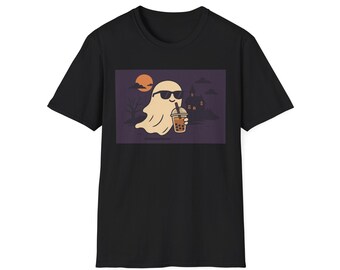 May include: Black t-shirt featuring a cartoon ghost wearing sunglasses and holding a bubble tea. The ghost is set against a purple background with a haunted house, a full moon, and a bare tree. A fun Halloween-themed graphic.