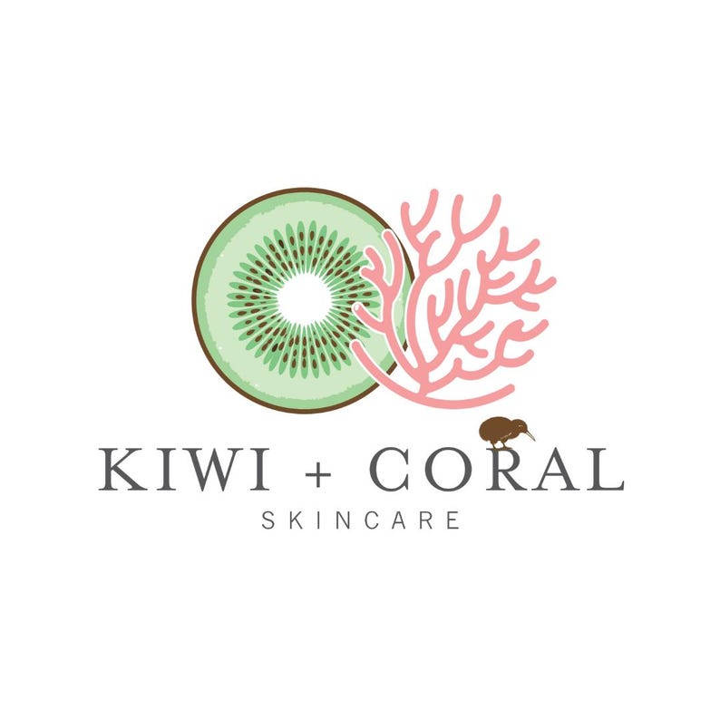 Kiwi and Coral Skincare logo featuring a green and brown kiwi fruit and pink coral design, with gray lettering and a small brown kiwi bird on a white background. Clean, natural branding representing freshness, balance, and gentle skincare.