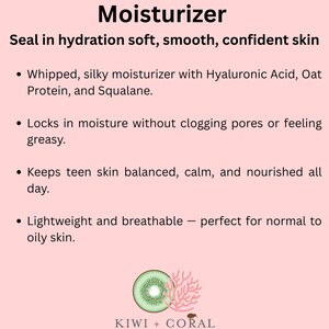 Kiwi and Coral Skincare logo on a pink background with bullet point text. Text reads “Step 3: Hydrate — Glow Whip Moisturizer.” Highlights: whipped, silky moisturizer with hyaluronic acid, oat protein, and squalane that locks in moisture, keeps teen skin balanced, and delivers a lightweight, smooth, glowing finish.
