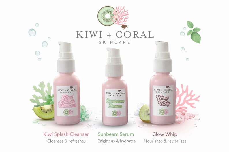 Two pink pump bottles of Kiwi + Coral Skincare on a white background: Kiwi Splash Cleanser and Glow Whip, displayed beneath the brand logo with kiwi slices, coral accents, and water droplets.