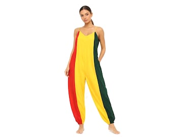 Women Rasta Color Jumpsuit Red Yellow Green Spaghetti Strap Relaxed Boho Free & Plus Size