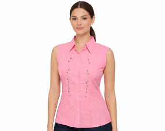 Blusa sin mangas abotonada para mujer – Top con cuello y detalle floral bordado, camisa ligera de algodón para verano