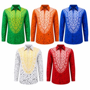 May include: Five long-sleeved button-down shirts in green, orange, blue, white, and red. Each shirt features a prominent white or yellow V-shaped geometric pattern on the chest and a black speckled paint splatter design across the entire fabric.